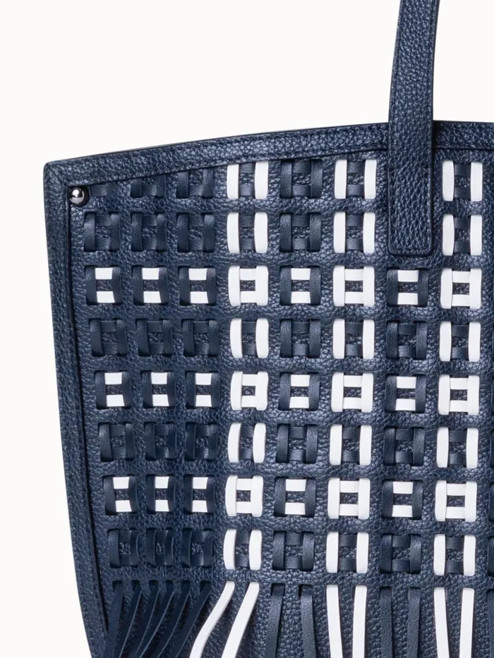 Small Ai Shoulder Bag In Woven Leather With Fringes Denimwhite Women Akris Tote Bags