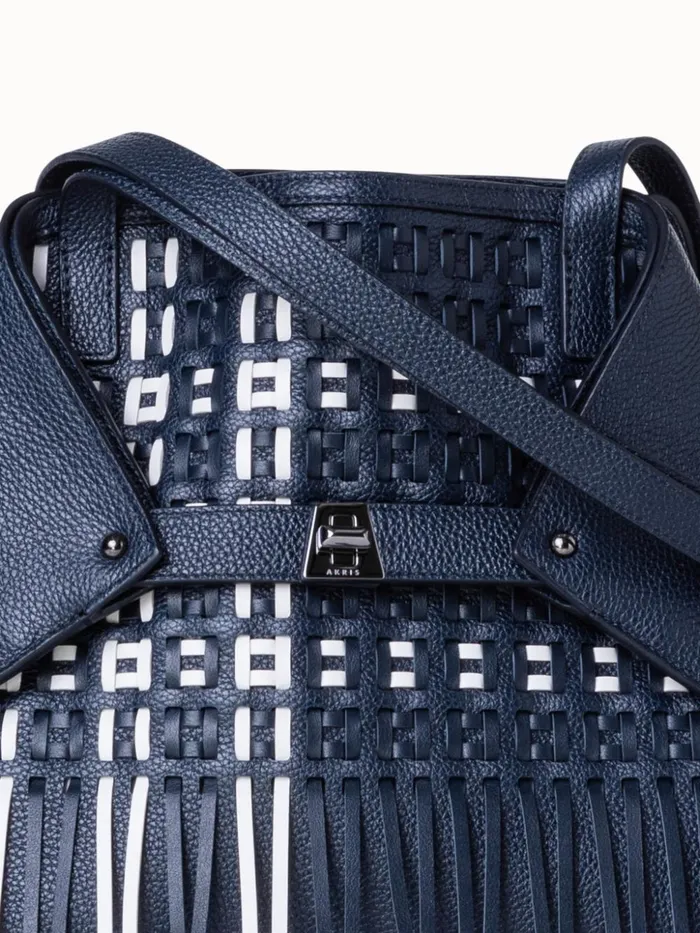 Small Ai Shoulder Bag In Woven Leather With Fringes Denimwhite Women Akris Tote Bags