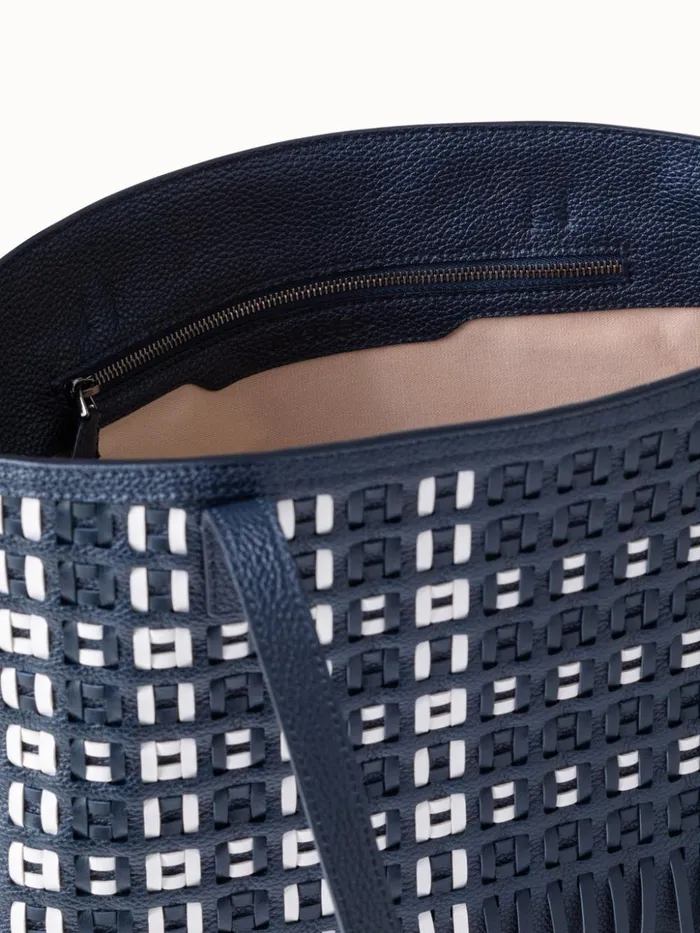 Small Ai Shoulder Bag In Woven Leather With Fringes Denimwhite Women Akris Tote Bags