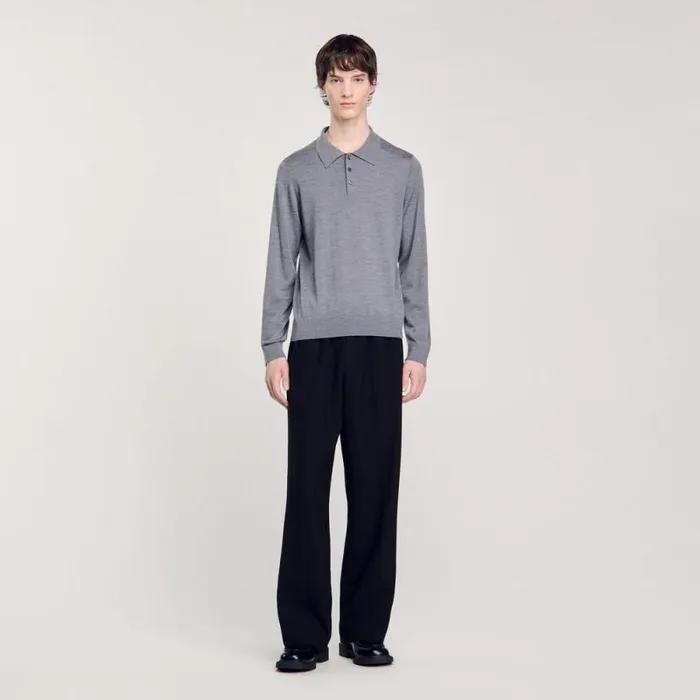 Sweaters and Cardigans Men SANDRO Fine Knit Polo Shirt Mocked Grey