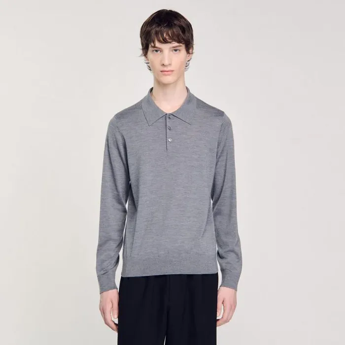 Sweaters and Cardigans Men SANDRO Fine Knit Polo Shirt Mocked Grey