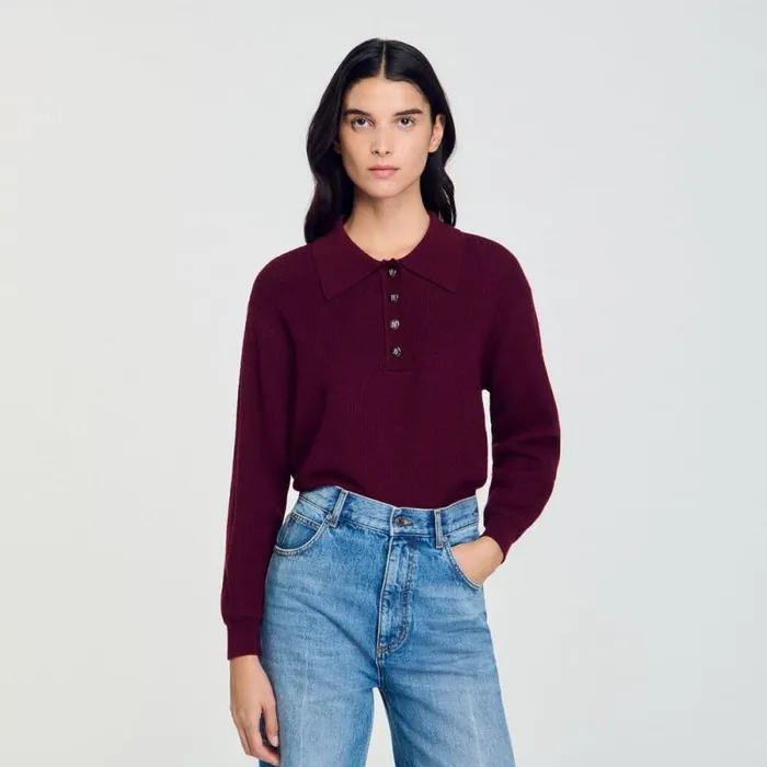 Sweaters and Cardigans Women SANDRO Cable Knit PoloNeck Sweater Burgundy