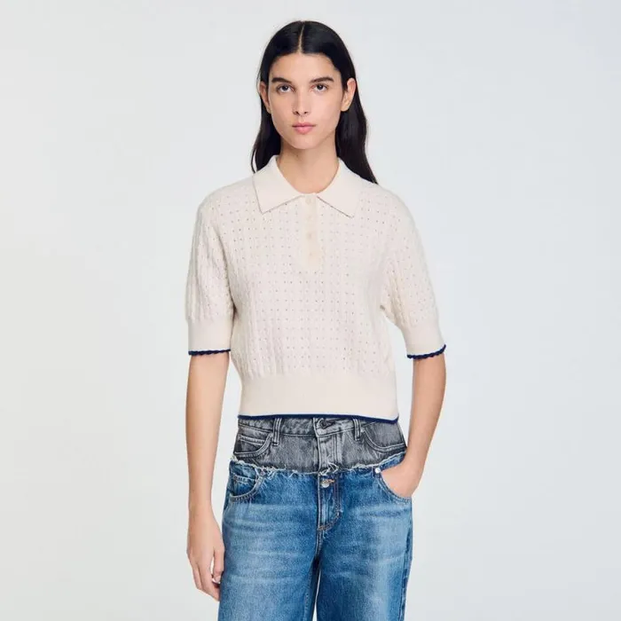 Sweaters and Cardigans Women SANDRO Contrasting Piping Cropped Sweater Ecru