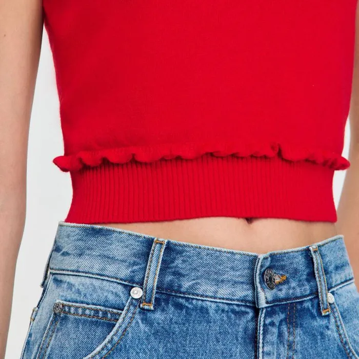 Sweaters and Cardigans Women SANDRO Ruffled Crop Sweater Red