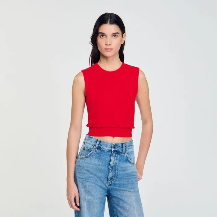 Sweaters and Cardigans Women SANDRO Ruffled Crop Sweater Red