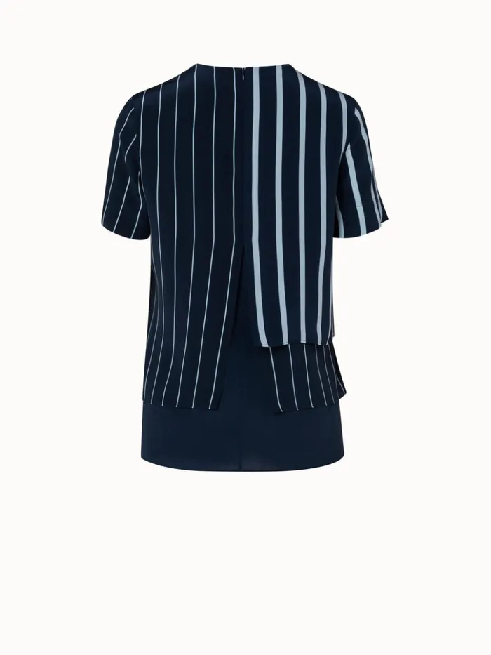 Three Layer Silk Crpe Blouse With Screen Stripes Print Navyverdigris Women Akris Blouses