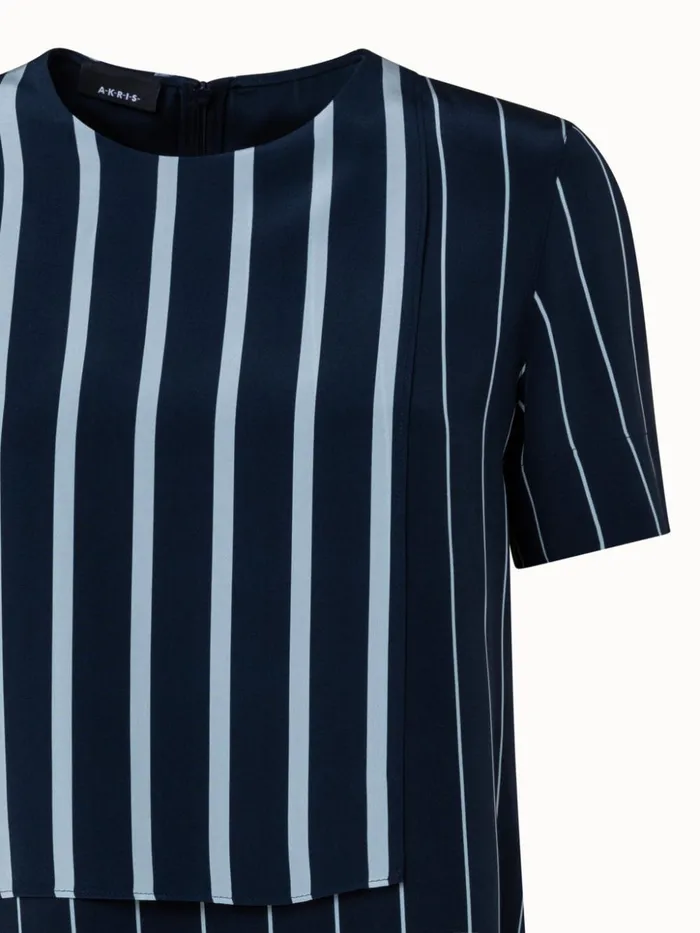 Three Layer Silk Crpe Blouse With Screen Stripes Print Navyverdigris Women Akris Blouses