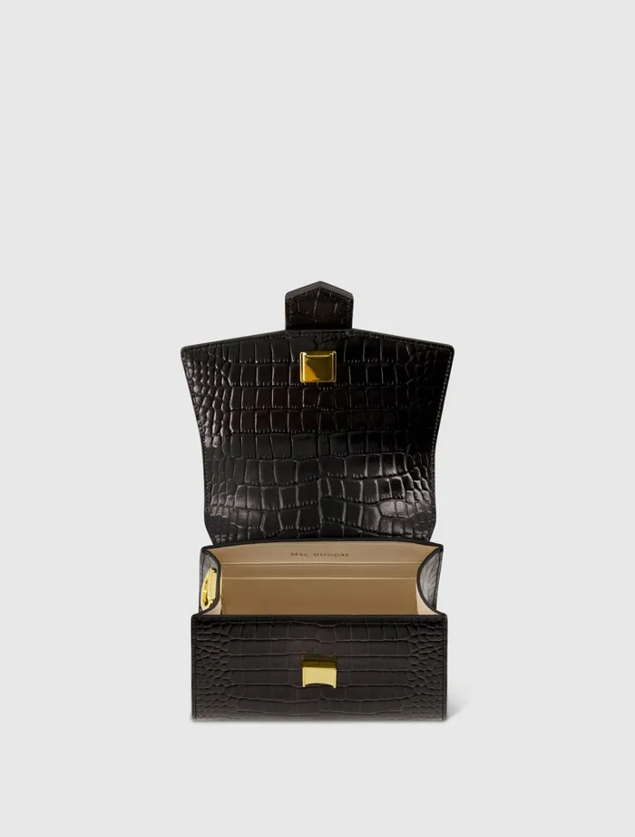 Top Handle Bags Buckled Mini Croco Black Leather Handbag with Detachable Strap Black Mac Duggal Women