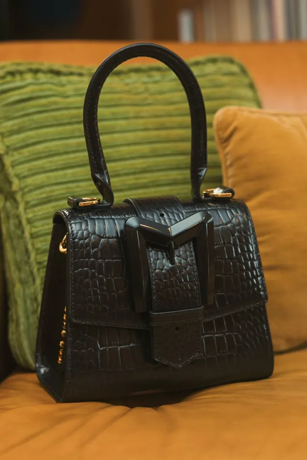 Top Handle Bags Buckled Mini Croco Black Leather Handbag with Detachable Strap Black Mac Duggal Women
