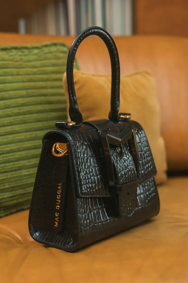 Top Handle Bags Buckled Mini Croco Black Leather Handbag with Detachable Strap Black Mac Duggal Women