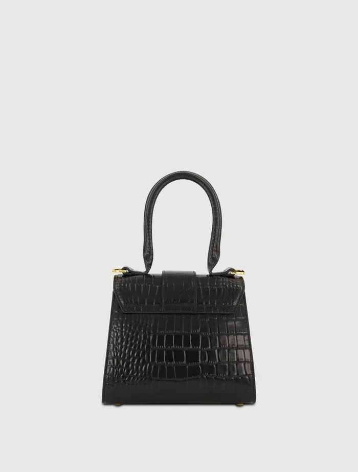 Top Handle Bags Buckled Mini Croco Black Leather Handbag with Detachable Strap Black Mac Duggal Women
