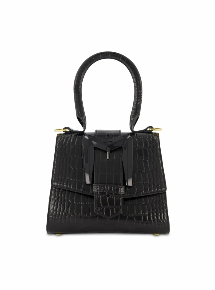 Top Handle Bags Buckled Mini Croco Black Leather Handbag with Detachable Strap Black Mac Duggal Women