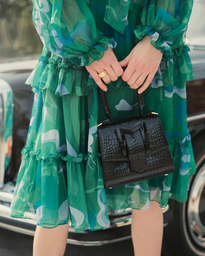 Top Handle Bags Buckled Mini Croco Black Leather Handbag with Detachable Strap Black Mac Duggal Women