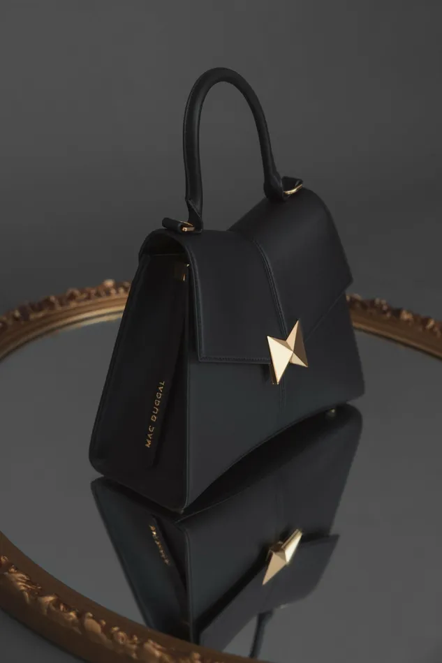 Top Handle Bags Medium Angular Black Leather Handbag With Gold Hardware Black 8211 Mac Duggal Women