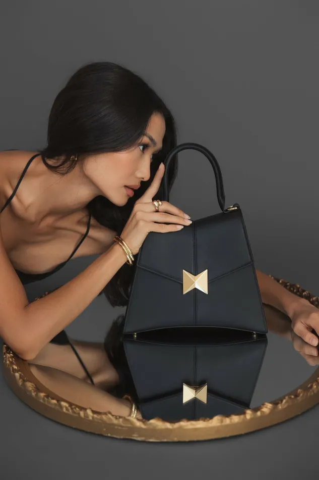 Top Handle Bags Medium Angular Black Leather Handbag With Gold Hardware Black 8211 Mac Duggal Women