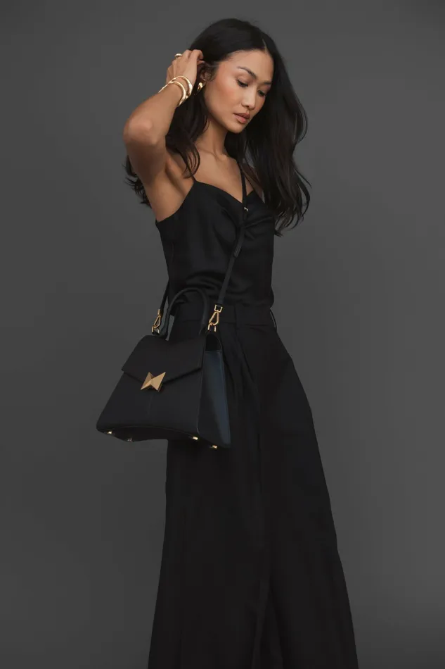 Top Handle Bags Medium Angular Black Leather Handbag With Gold Hardware Black 8211 Mac Duggal Women