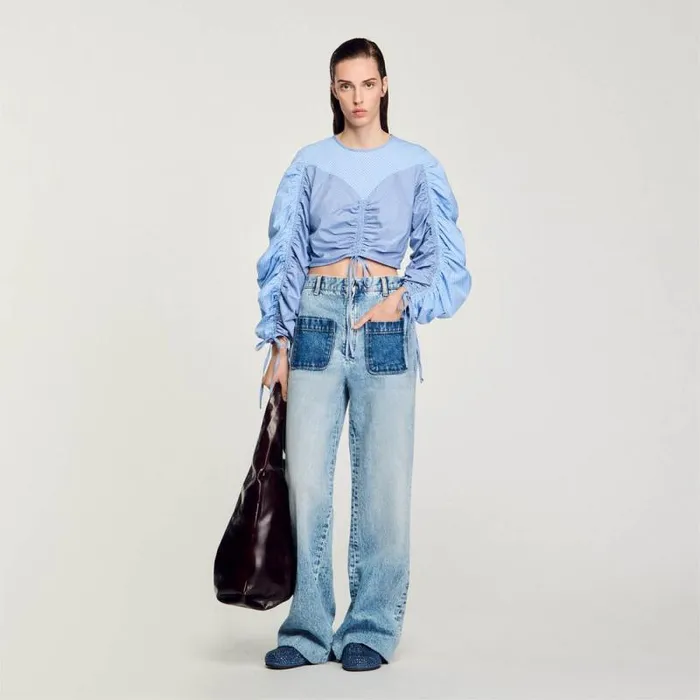 Tops and Shirts Women SANDRO Patterned Top With Drawstrings Sky Blue