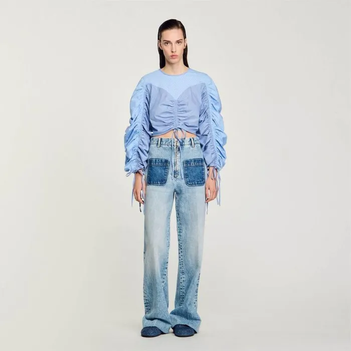 Tops and Shirts Women SANDRO Patterned Top With Drawstrings Sky Blue