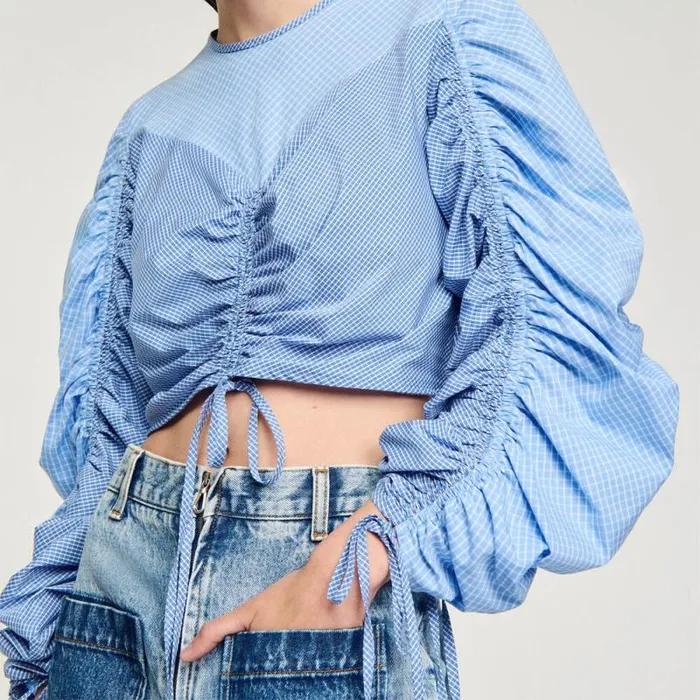 Tops and Shirts Women SANDRO Patterned Top With Drawstrings Sky Blue