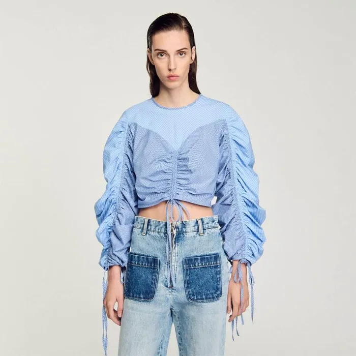 Tops and Shirts Women SANDRO Patterned Top With Drawstrings Sky Blue