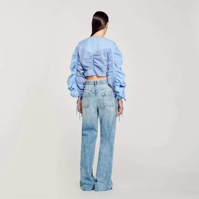 Tops and Shirts Women SANDRO Patterned Top With Drawstrings Sky Blue