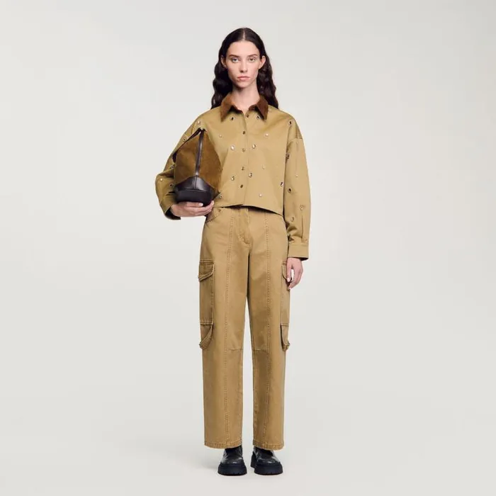 Tops and Shirts Women SANDRO Rhinestone Cropped Shirt Olive Green