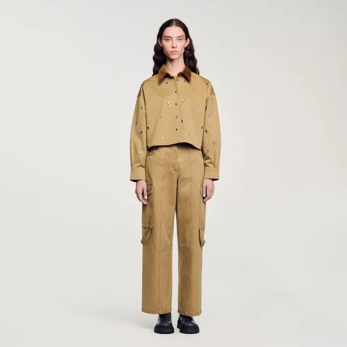Tops and Shirts Women SANDRO Rhinestone Cropped Shirt Olive Green