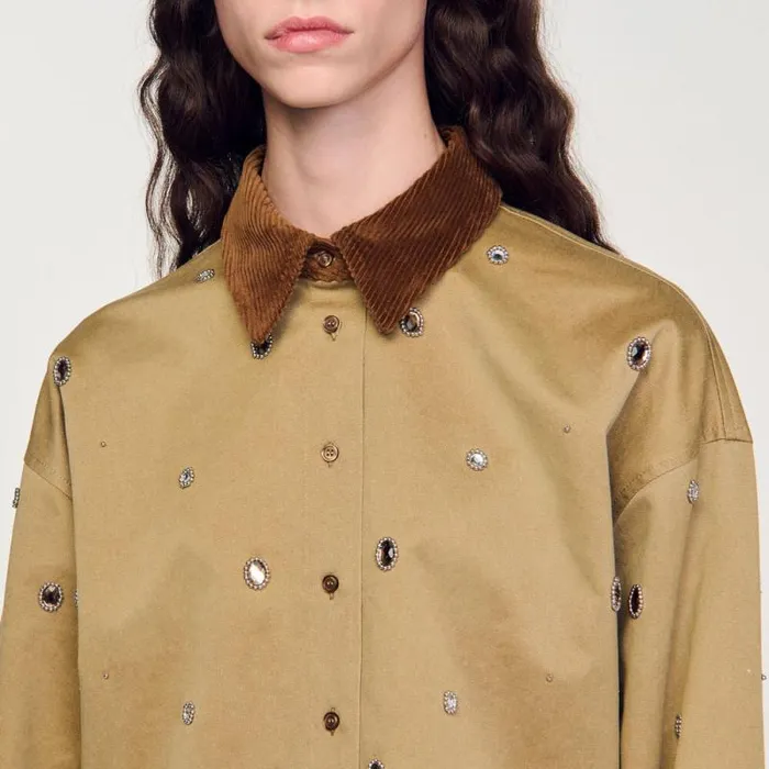 Tops and Shirts Women SANDRO Rhinestone Cropped Shirt Olive Green