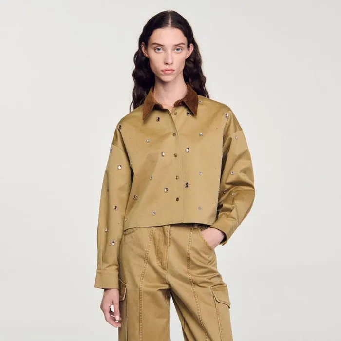 Tops and Shirts Women SANDRO Rhinestone Cropped Shirt Olive Green