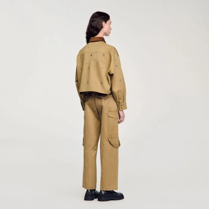 Tops and Shirts Women SANDRO Rhinestone Cropped Shirt Olive Green