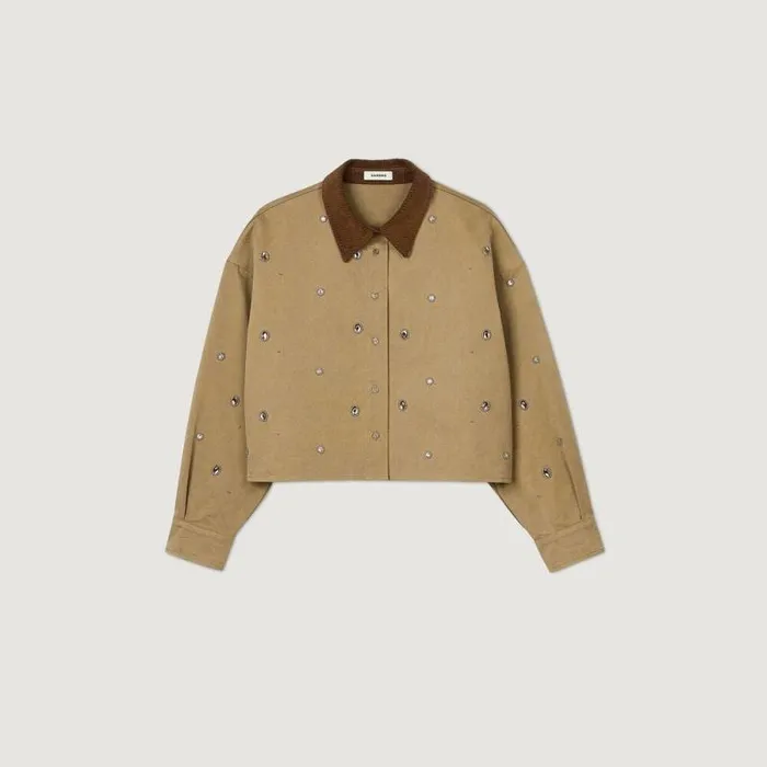 Tops and Shirts Women SANDRO Rhinestone Cropped Shirt Olive Green
