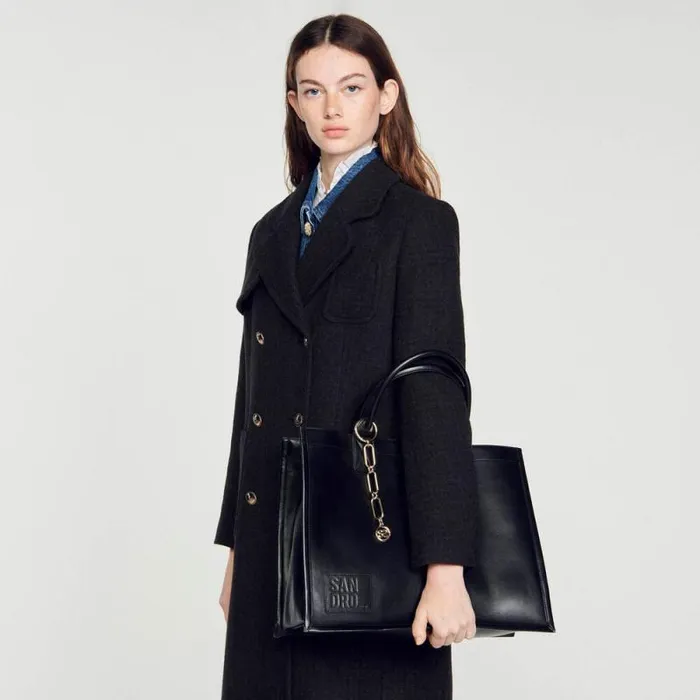 Tote Bags Women SANDRO Leather Tote Bag With Chain Jewelry Black