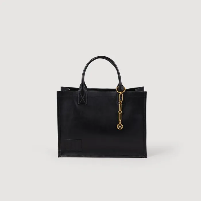 Tote Bags Women SANDRO Leather Tote Bag With Chain Jewelry Black