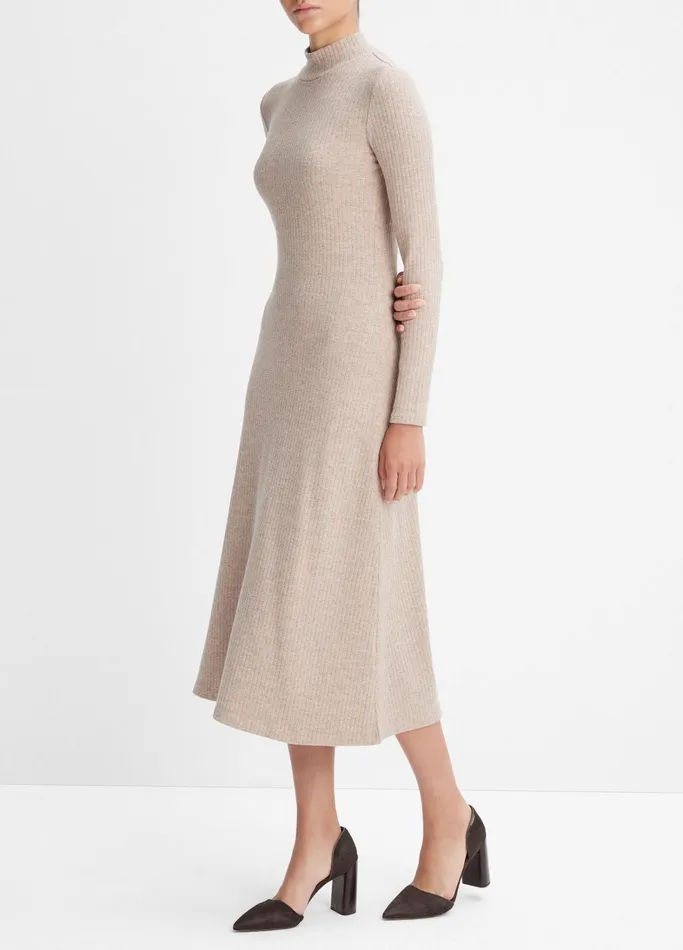 Vince Dresses Women Ribbed LongSleeve Mock Neck Dress Heather Hazel Cream