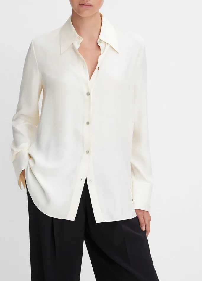 Vince Shirts and Tops Women Easy SilkBlend LongSleeve ButtonFront Blouse Feather