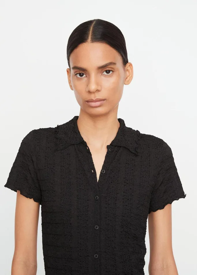 Vince Shirts and Tops Women Smocked ShortSleeve ButtonFront Shirt Black
