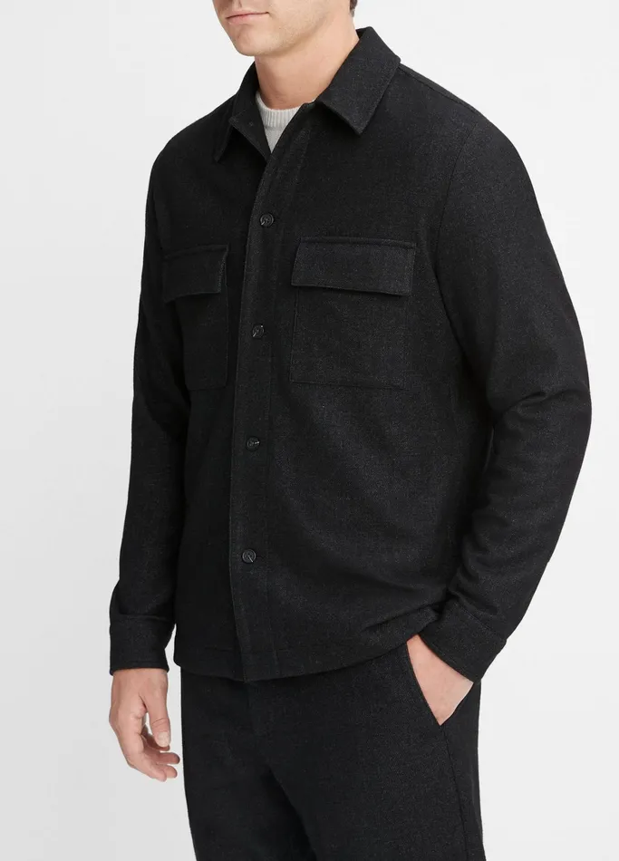 Vince Shirts Men Italian Virgin WoolBlend Flannel Overshirt Heather Black