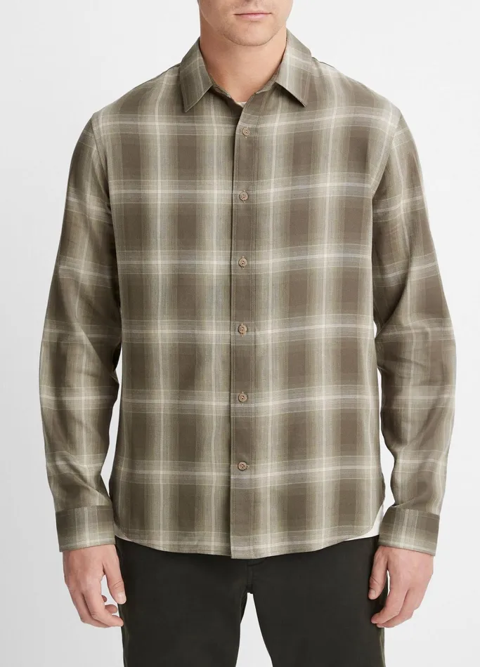 Vince Shirts Men Toledo Shadow Plaid Shirt Smoke Treedeco Cream