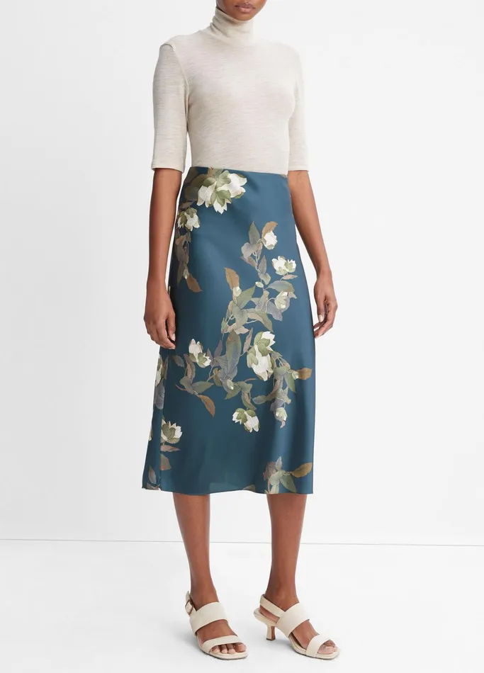 Vince Skirts Women Camellia Branch Satin Slip Skirt Azurine