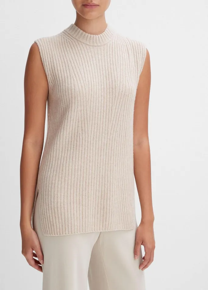 Vince Sweaters Women Ribbed Wool And Cashmere Sleeveless Tunic Sweater Heather Beige