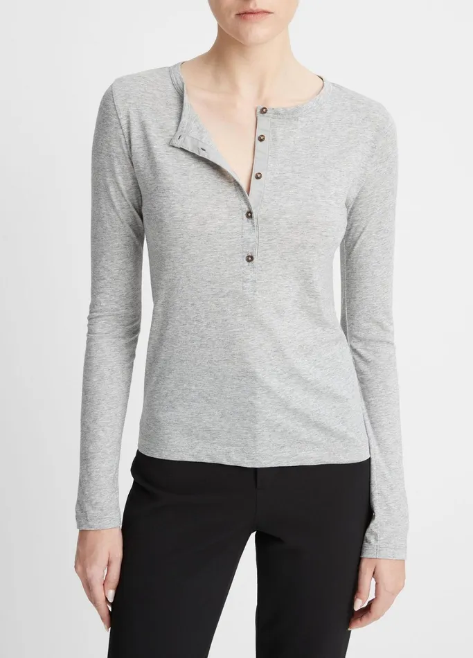 Vince TShirts Women Essential Pima Cotton LongSleeve Henley Heather Grey