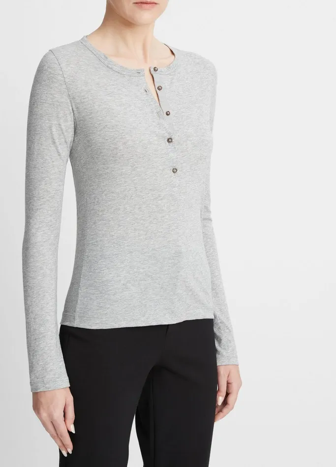 Vince TShirts Women Essential Pima Cotton LongSleeve Henley Heather Grey