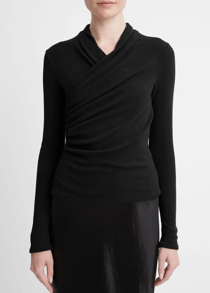 Vince TShirts Women Fixed Wrap LongSleeve Top Black
