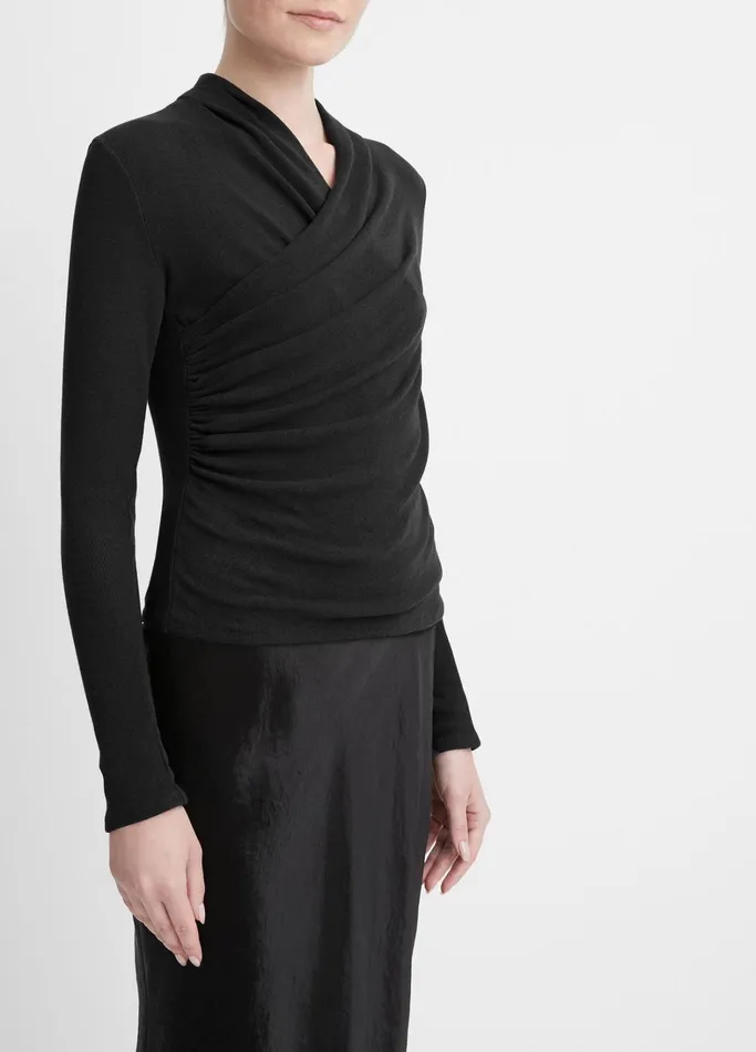 Vince TShirts Women Fixed Wrap LongSleeve Top Black