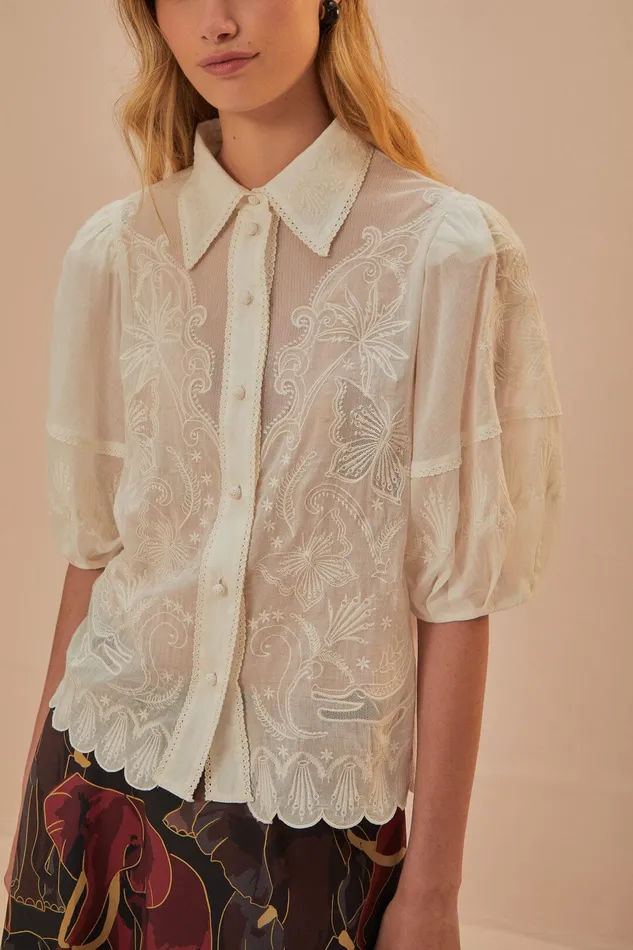 White Embroidered Short Sleeve Blouse Women Farm Rio Blouses