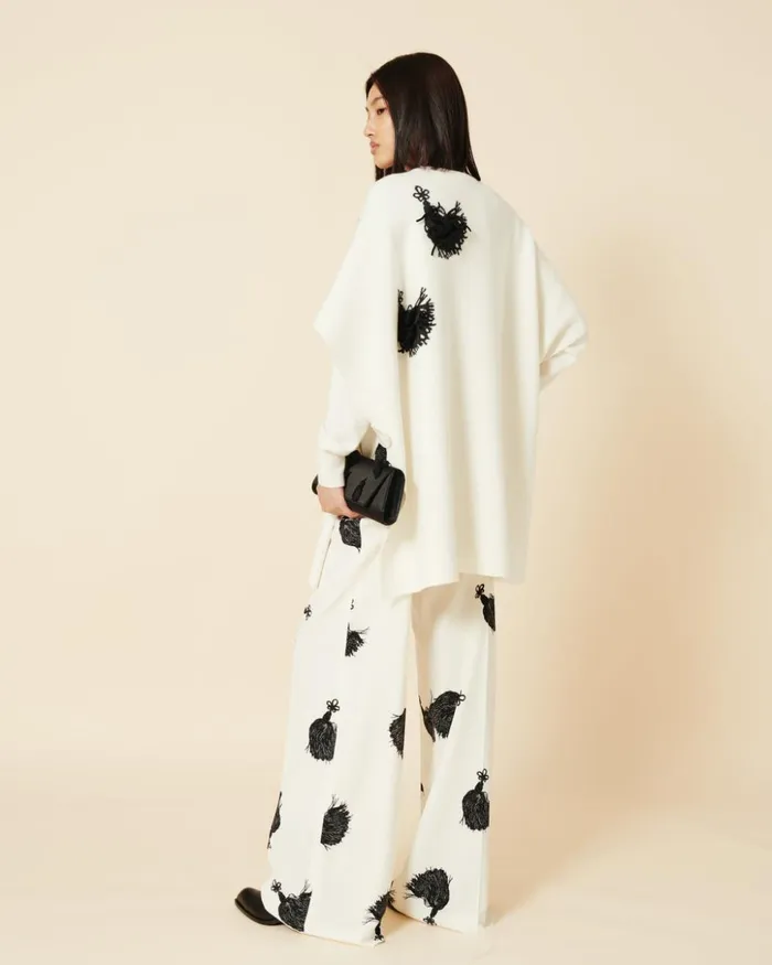 Wide Leg Silk Pants With Tassels Print Ivoryblack Women Akris Pants