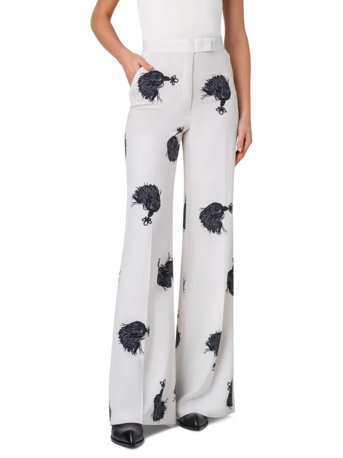 Wide Leg Silk Pants With Tassels Print Ivoryblack Women Akris Pants