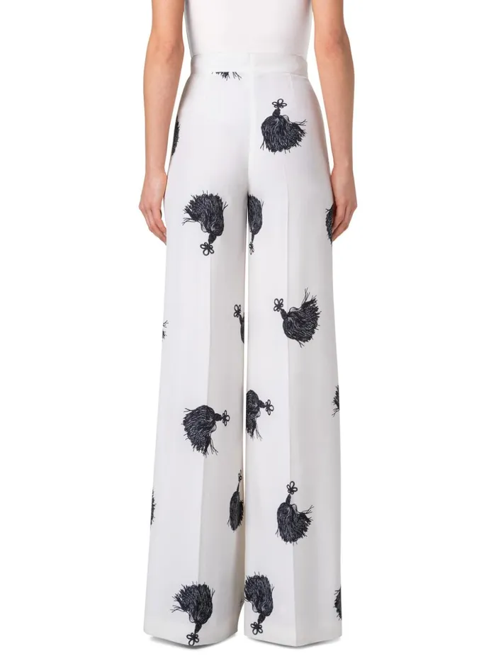 Wide Leg Silk Pants With Tassels Print Ivoryblack Women Akris Pants