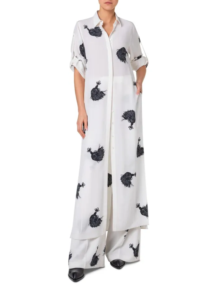 Wide Leg Silk Pants With Tassels Print Ivoryblack Women Akris Pants