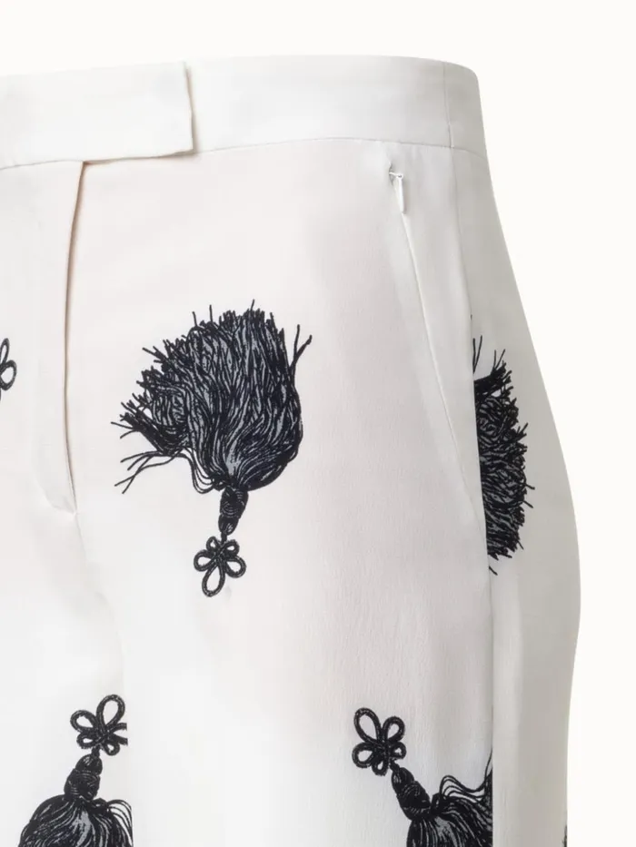Wide Leg Silk Pants With Tassels Print Ivoryblack Women Akris Pants